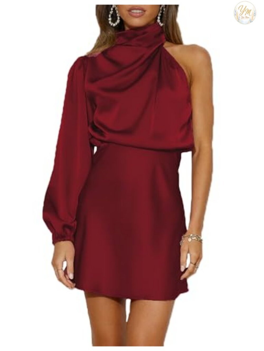 Satin One Shoulder Long Sleeve High Neck Cocktail Mini Dress